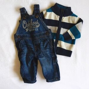 oshkosh b'gosh vestbak denim overalls & striped sweater bundle 3 months baby